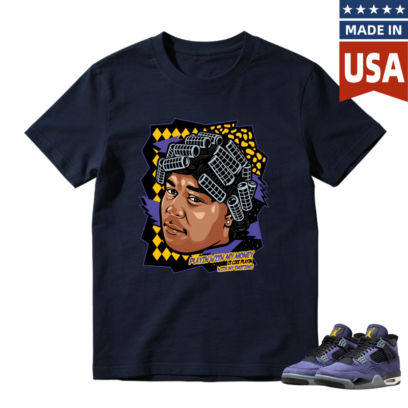 Cartoon Portrait With Hair Rollers And Text Playin With My Money Not My Emotions Shirt To Match Jordan 4 Lakers Imperial Purple Sneaker Match Shirt