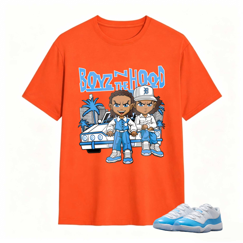 Boyz N The Hood Cartoon Characters With Car And Palm Trees Shirt To Match Jordan 11 University Blue Sneaker Match Shirt