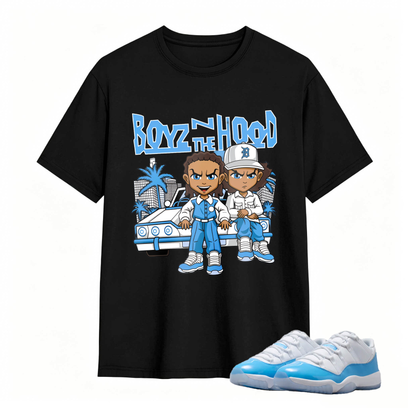 Boyz N The Hood Cartoon Characters With Car And Palm Trees Shirt To Match Jordan 11 University Blue Sneaker Match Shirt