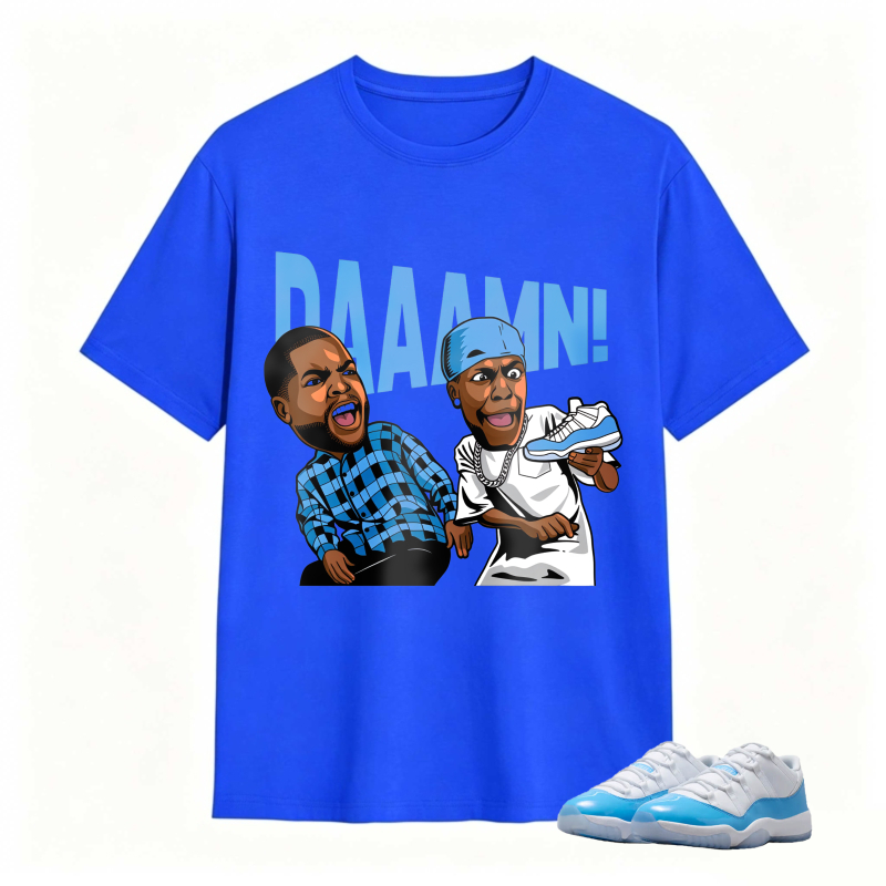 Cartoon Characters With Blue Sneaker And Daaamn Text Shirt To Match Jordan 11 University Blue - Sneaker Match Shirt