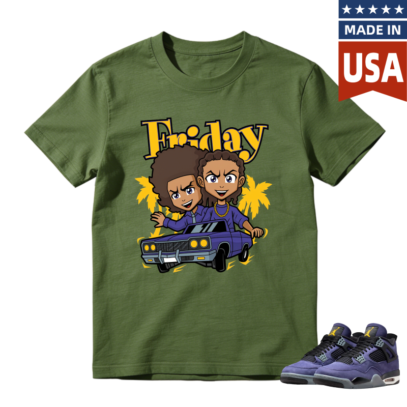 Friday Cartoon Characters In Car Shirt To Match Jordan 4 Lakers Imperial Purple Sneaker Match Shirt