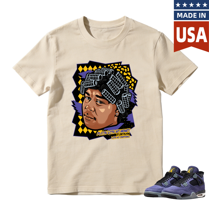 Cartoon Portrait With Hair Rollers And Text Playin With My Money Not My Emotions Shirt To Match Jordan 4 Lakers Imperial Purple Sneaker Match Shirt