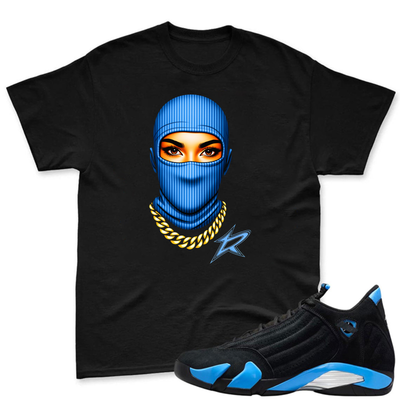 Blue Balaclava Face With Gold Chain And Star Shirt To Match Jordan 14 Black And University Blue - Sneaker Match Shirt