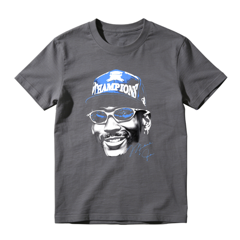 Michael Jordan Champions Cap And Sunglasses Portrait Shirt To Match Jordan 14 Black And University Blue Sneaker Match Shirt