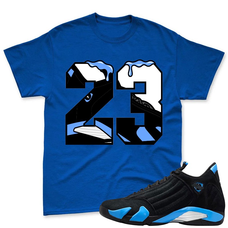 Number 23 With Blue Drip Design Shirt To Match Jordan 14 Black And University Blue Sneaker Match Shirt