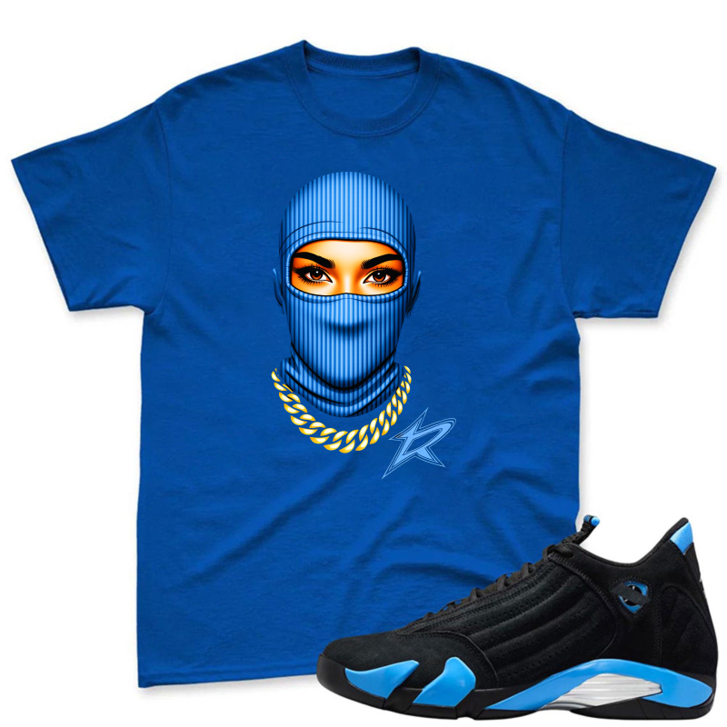 Blue Balaclava Face With Gold Chain And Star Shirt To Match Jordan 14 Black And University Blue - Sneaker Match Shirt