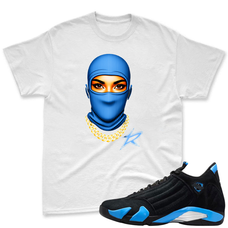 Blue Balaclava Face With Gold Chain And Star Shirt To Match Jordan 14 Black And University Blue - Sneaker Match Shirt