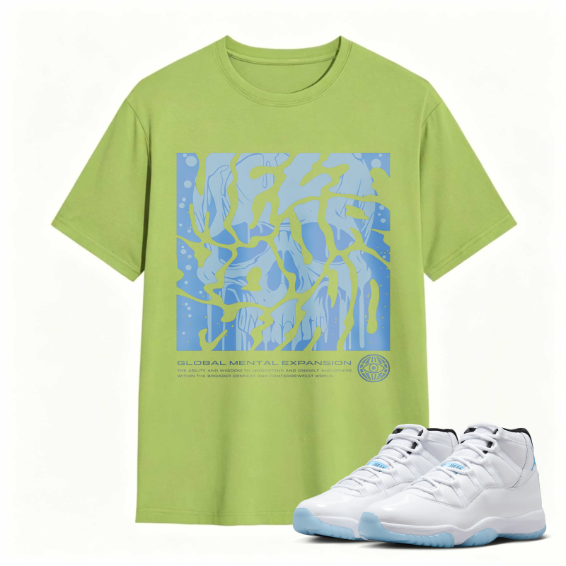 Abstract Blue Wave Pattern With Global Mental Expansion Text Shirt To Match Air Jordan 11 White Legend Blue Sneaker Match Shirt