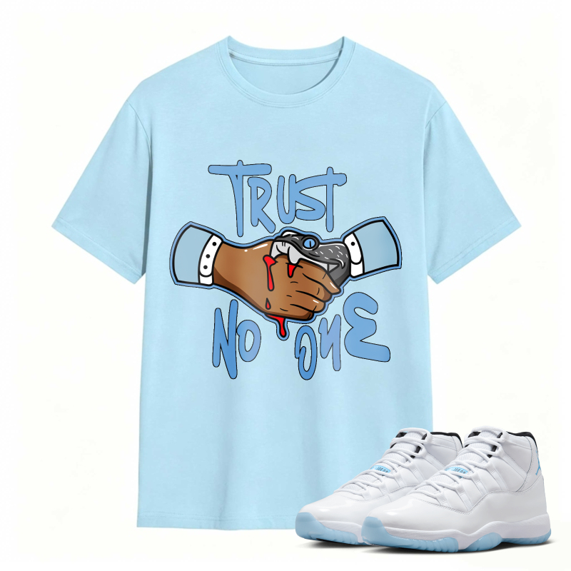 Trust No One Handshake With Blood Shirt To Match Air Jordan 11 White Legend Blue Sneaker Match Shirt