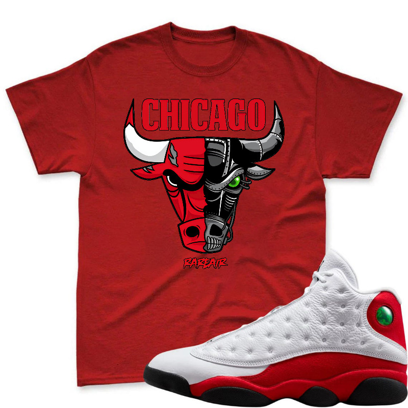 Chicago Bulls Logo With Red And Black Bull Head Design Shirt To Match Air Jordan 13 Chicago - Sneaker Match Shirt