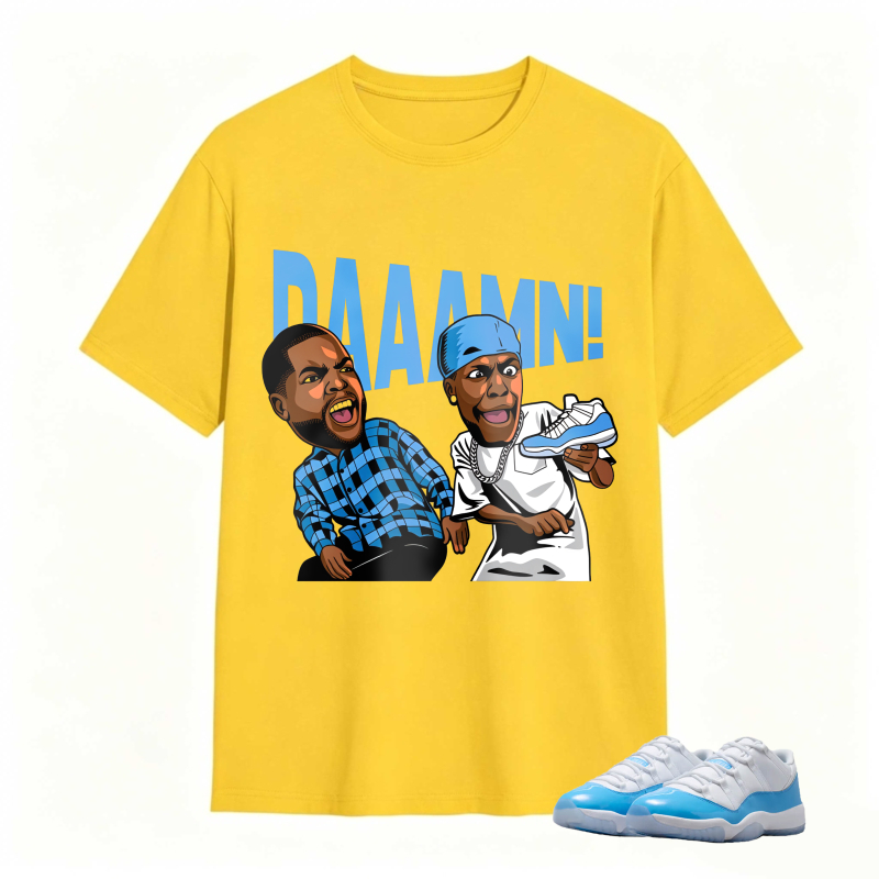 Cartoon Characters With Blue Sneaker And Daaamn Text Shirt To Match Jordan 11 University Blue - Sneaker Match Shirt