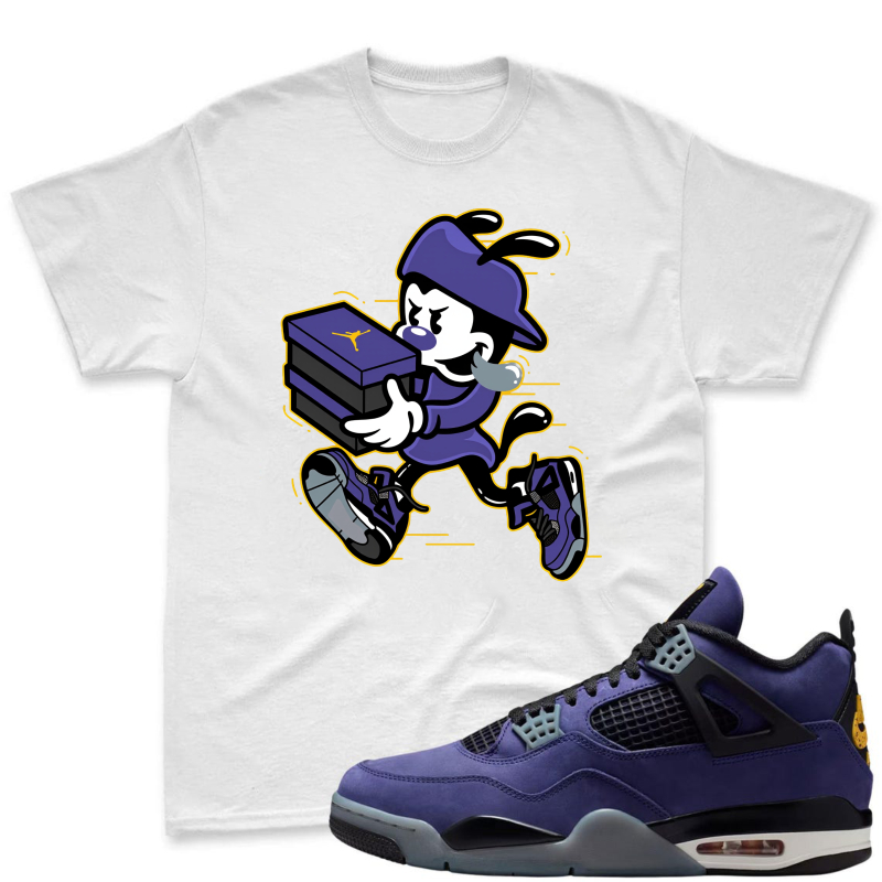Cartoon Character Holding Shoe Box Shirt to Match Jordan 4 Lakers Imperial Purple - Sneaker Match Shirt