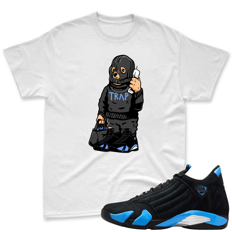 Cartoon Dog Wearing Trap Hoodie And Holding Phone Shirt To Match Jordan 14 Black And University Blue - Sneaker Match Shirt
