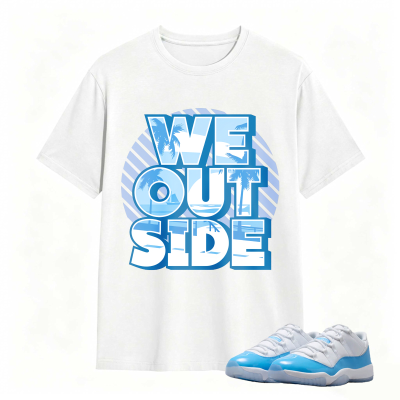We Outside Text With Palm Tree And Ocean Design Shirt To Match Jordan 11 University Blue Sneaker Match Shirt