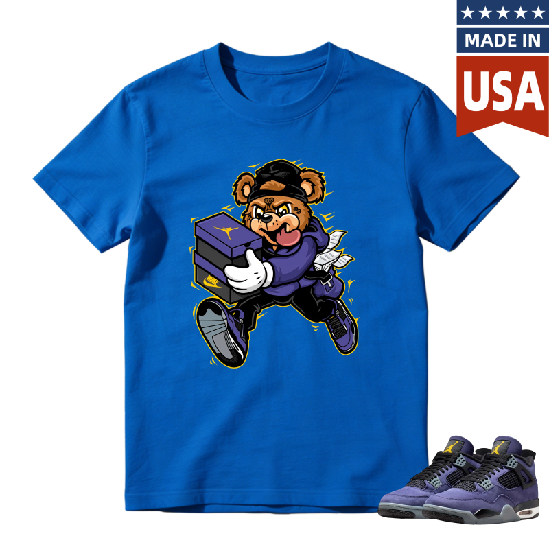 Cartoon Bear Holding Shoe Box Shirt to Match Jordan 4 Lakers Imperial Purple - Sneaker Match Shirt