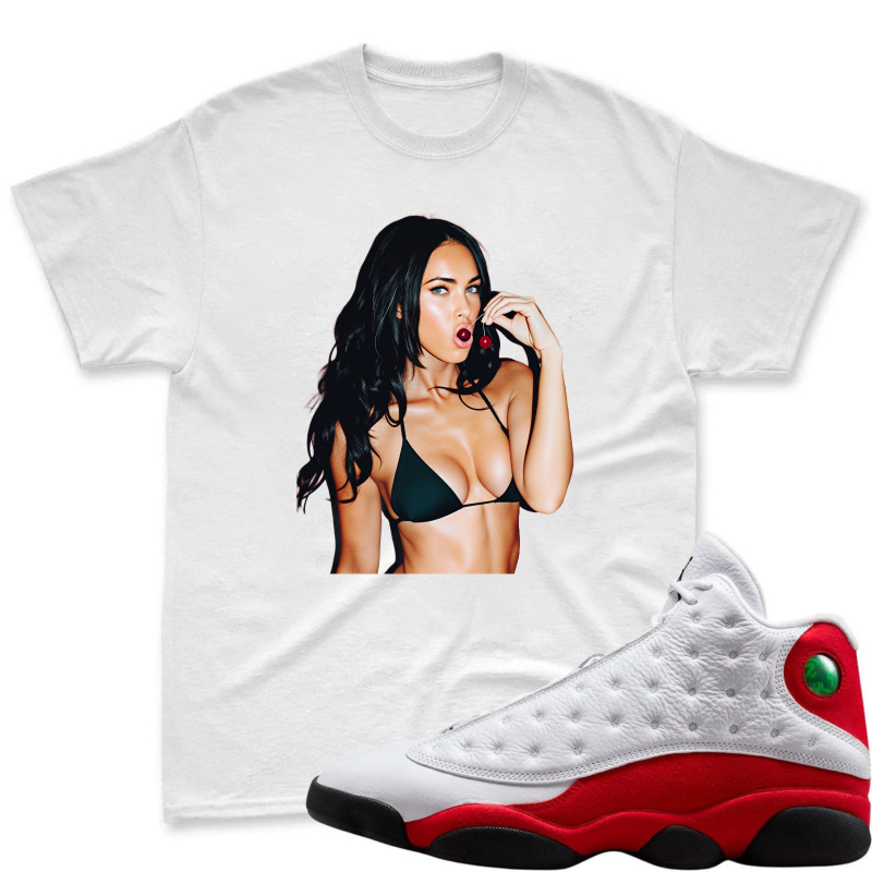 Woman In Bikini Holding Cherry Shirt To Match Air Jordan 13 Chicago - Sneaker Match Shirt