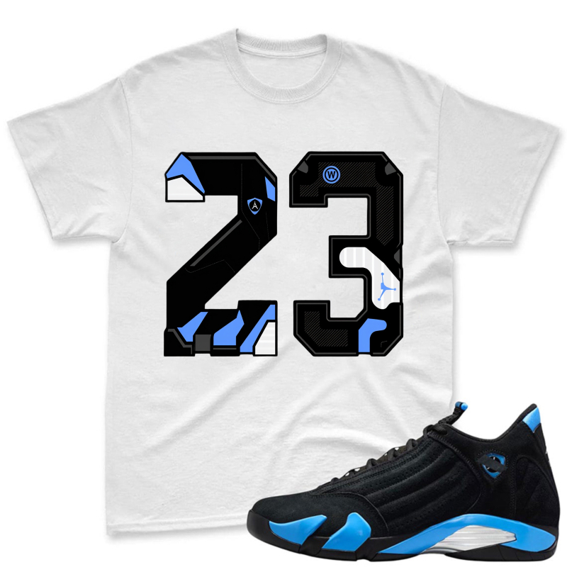 Number 23 With Jordan Logo And Blue Accents Shirt To Match Jordan 14 Black And University Blue Sneaker Match Shirt