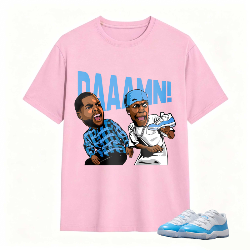 Cartoon Characters With Blue Sneaker And Daaamn Text Shirt To Match Jordan 11 University Blue - Sneaker Match Shirt