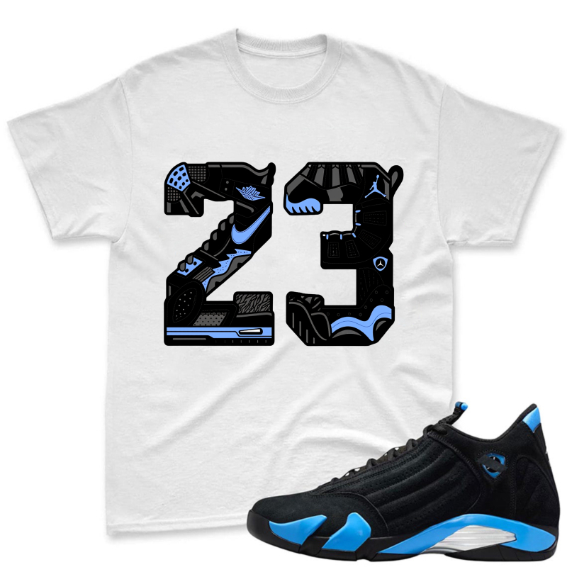 Number 23 With Jordan 14 Shoe Design Shirt To Match Jordan 14 Black And University Blue Sneaker Match Shirt