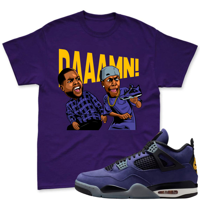 Cartoon Characters With Daaamn Text Shirt To Match Jordan 4 Lakers Imperial Purple Sneaker Match Shirt