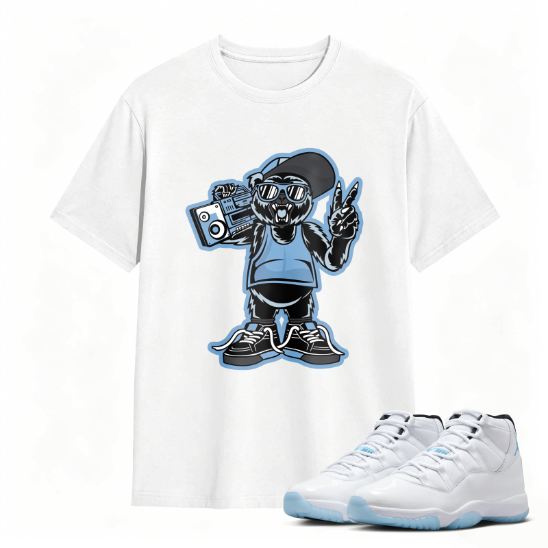Cartoon Bear With Boombox And Sunglasses Shirt To Match Air Jordan 11 White Legend Blue - Sneaker Match Shirt