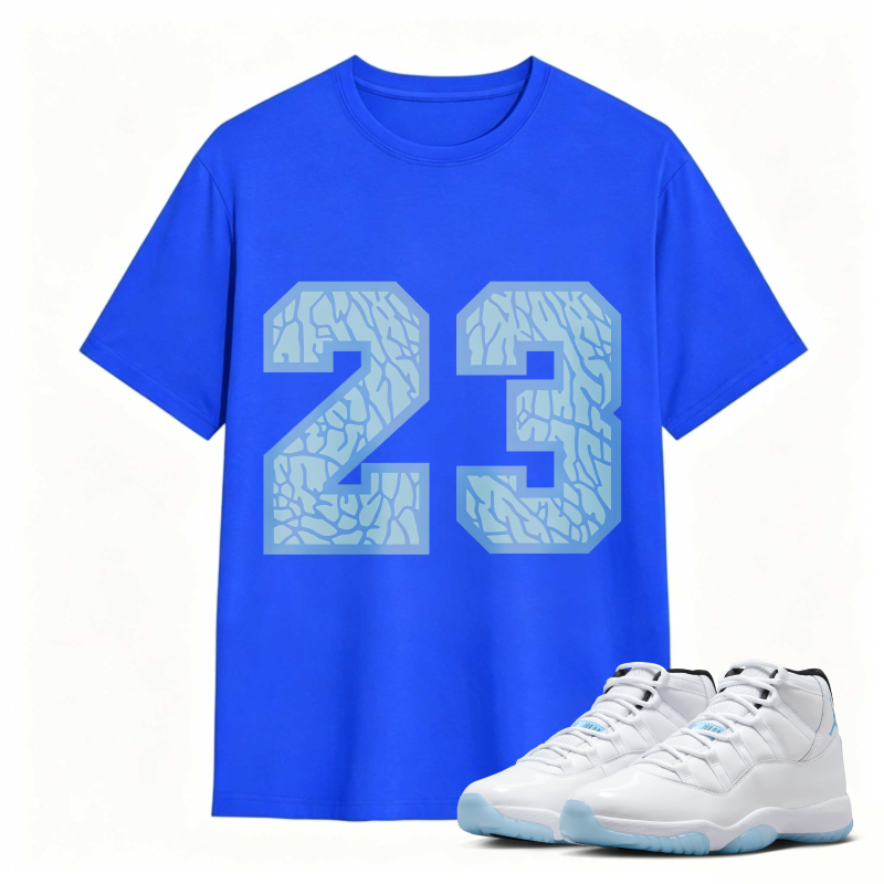 Number 23 Blue Cracked Pattern Shirt To Match Air Jordan 11 White Legend Blue - Sneaker Match Shirt