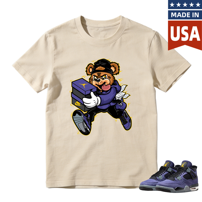 Cartoon Bear Holding Shoe Box Shirt to Match Jordan 4 Lakers Imperial Purple - Sneaker Match Shirt
