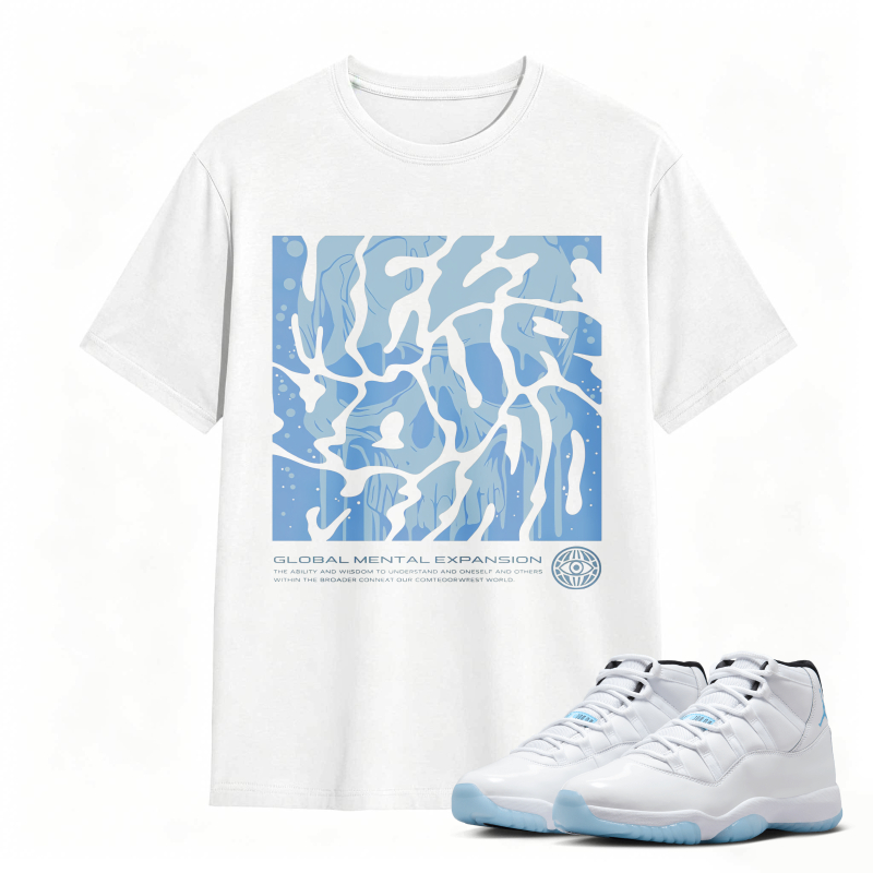 Abstract Blue Wave Pattern With Global Mental Expansion Text Shirt To Match Air Jordan 11 White Legend Blue Sneaker Match Shirt