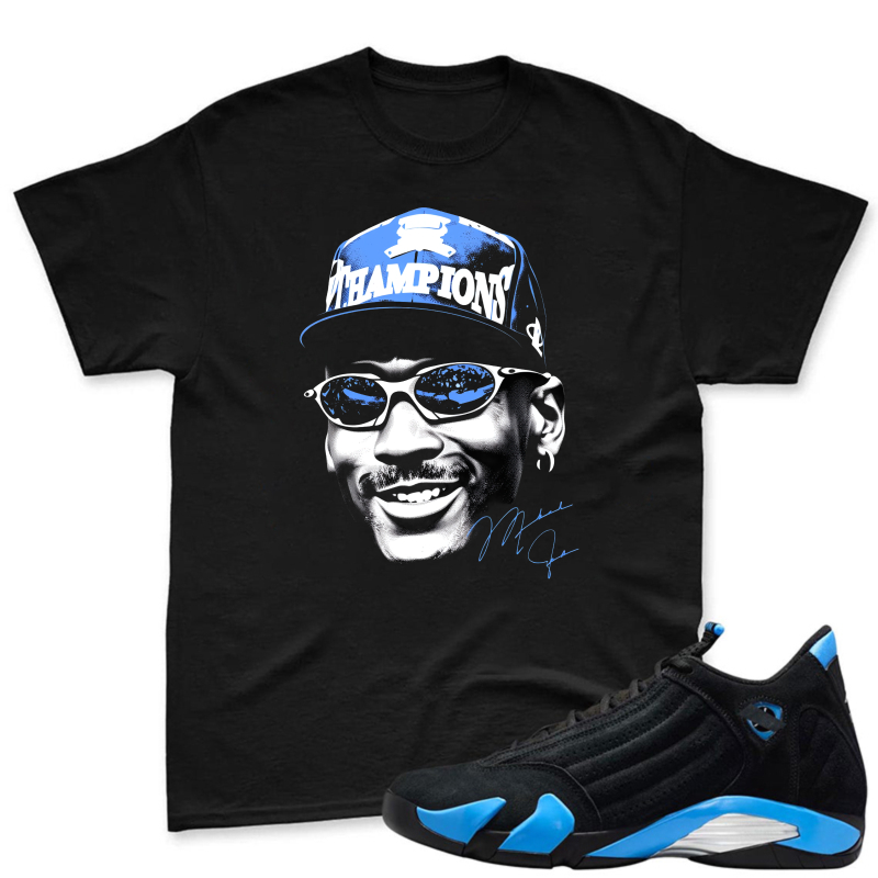 Michael Jordan Champions Cap And Sunglasses Portrait Shirt To Match Jordan 14 Black And University Blue Sneaker Match Shirt