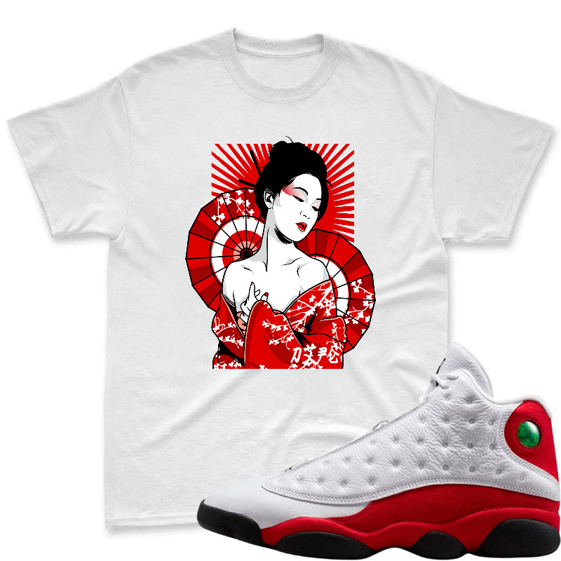 Geisha With Red Fan And Cherry Blossoms Shirt To Match Air Jordan 13 Chicago - Sneaker Match Shirt