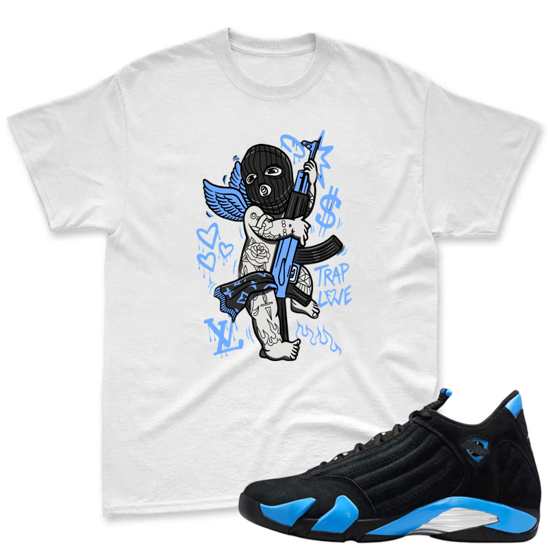 Angel With Gun And Trap Love Text Shirt To Match Jordan 14 Black And University Blue - Sneaker Match Shirt
