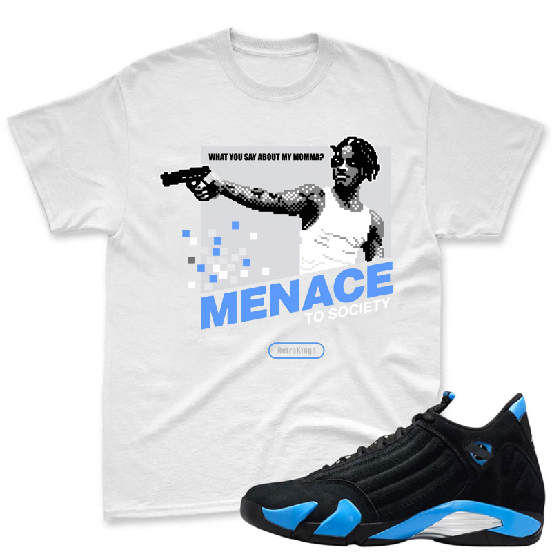 Menace To Society Graphic With Gun And Text Shirt To Match Jordan 14 Black And University Blue Sneaker Match Shirt