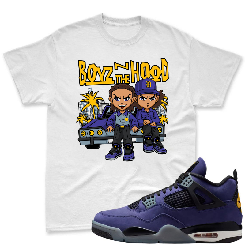 Boyz N The Hood Cartoon Characters With Car And Palm Trees Shirt To Match Jordan 4 Lakers Imperial Purple Sneaker Match Shirt