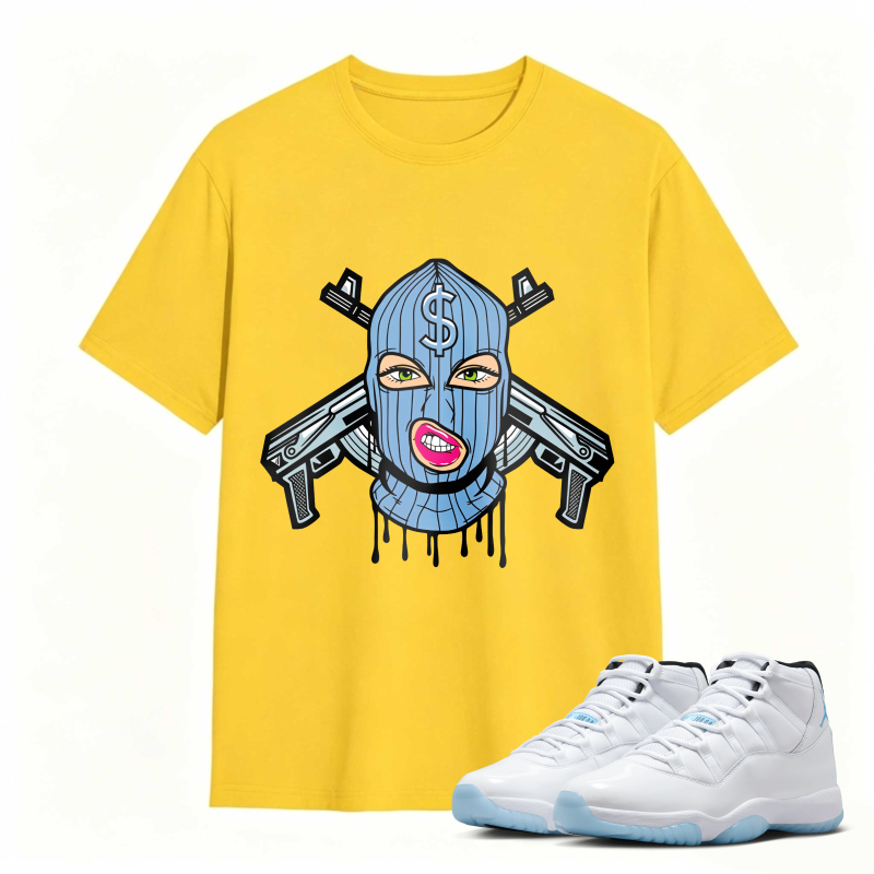 Blue Mask With Dollar Sign And Crossed Guns Shirt To Match Air Jordan 11 White Legend Blue Sneaker Match Shirt