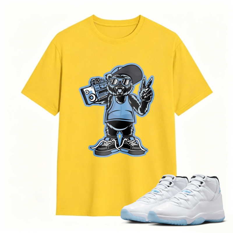 Cartoon Bear With Boombox And Sunglasses Shirt To Match Air Jordan 11 White Legend Blue - Sneaker Match Shirt