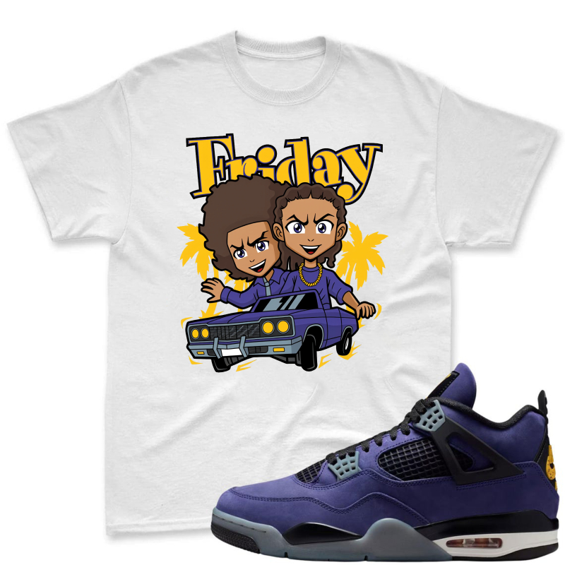 Friday Cartoon Characters In Car Shirt To Match Jordan 4 Lakers Imperial Purple Sneaker Match Shirt