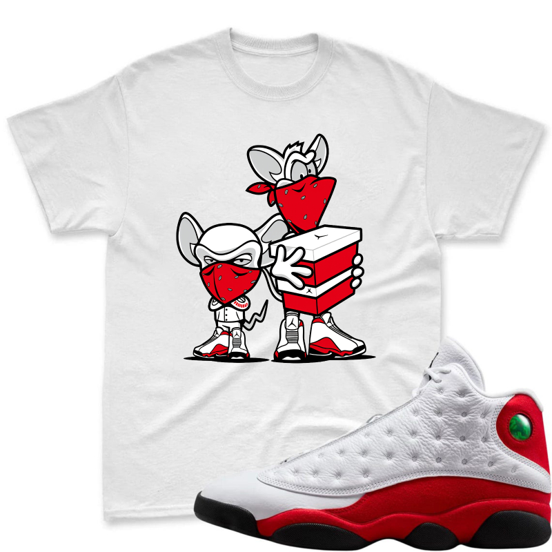 Cartoon Mice With Red Masks And Shoes Shirt To Match Air Jordan 13 Chicago Sneaker Match Shirt