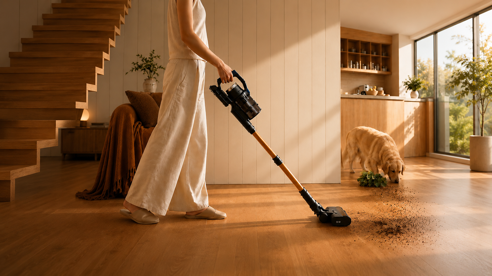 A person using a KIPMAX X20 PRO cordless stick vacuum to clean dirt from a wooden floor in a warm, sunlit modern home, while a golden retriever sniffs nearby beside a minimalist kitchen and staircase.
