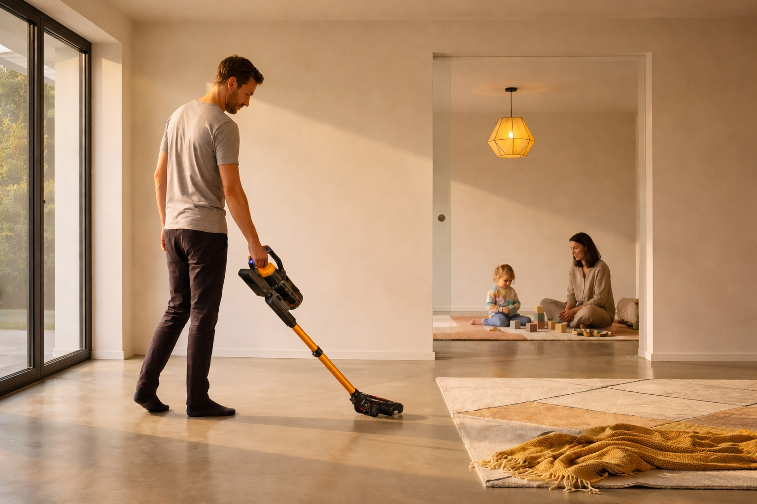 Man using a KIPMAX cordless vacuum on a hardwood floor in a sunlit living room. A woman and child play on a rug in the background, showcasing a clean, family-friendly home.