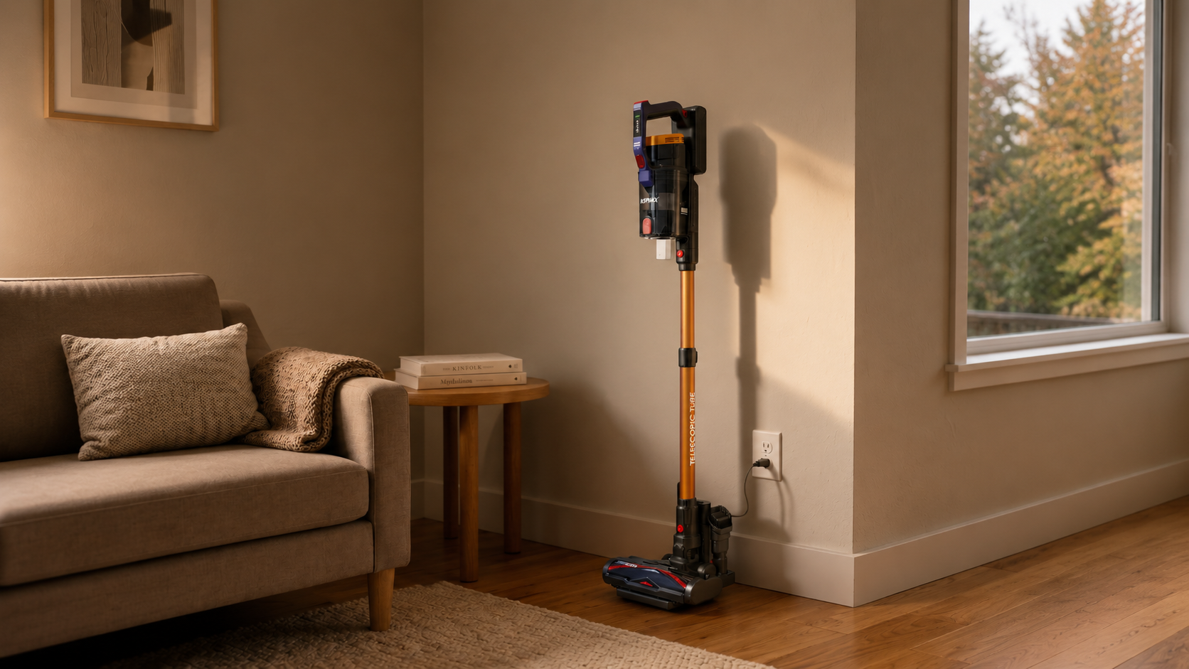 KIPMAX X20 PRO cordless vacuum standing elegantly in a modern living room corner. Its freestanding, no-drill charging base keeps your walls pristine. Perfect for stylish, damage-free home cleaning.