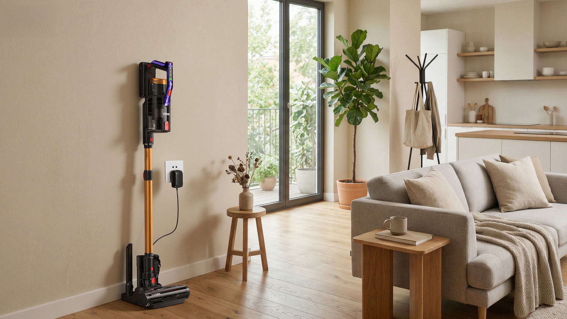The KIPMAX X20PRO cordless vacuum cleaner is stored on a  charging dock in a bright, modern living room. Natural light highlights wood floors, indoor plants, and neutral furnishings, showcasing convenient storage and a clean home.