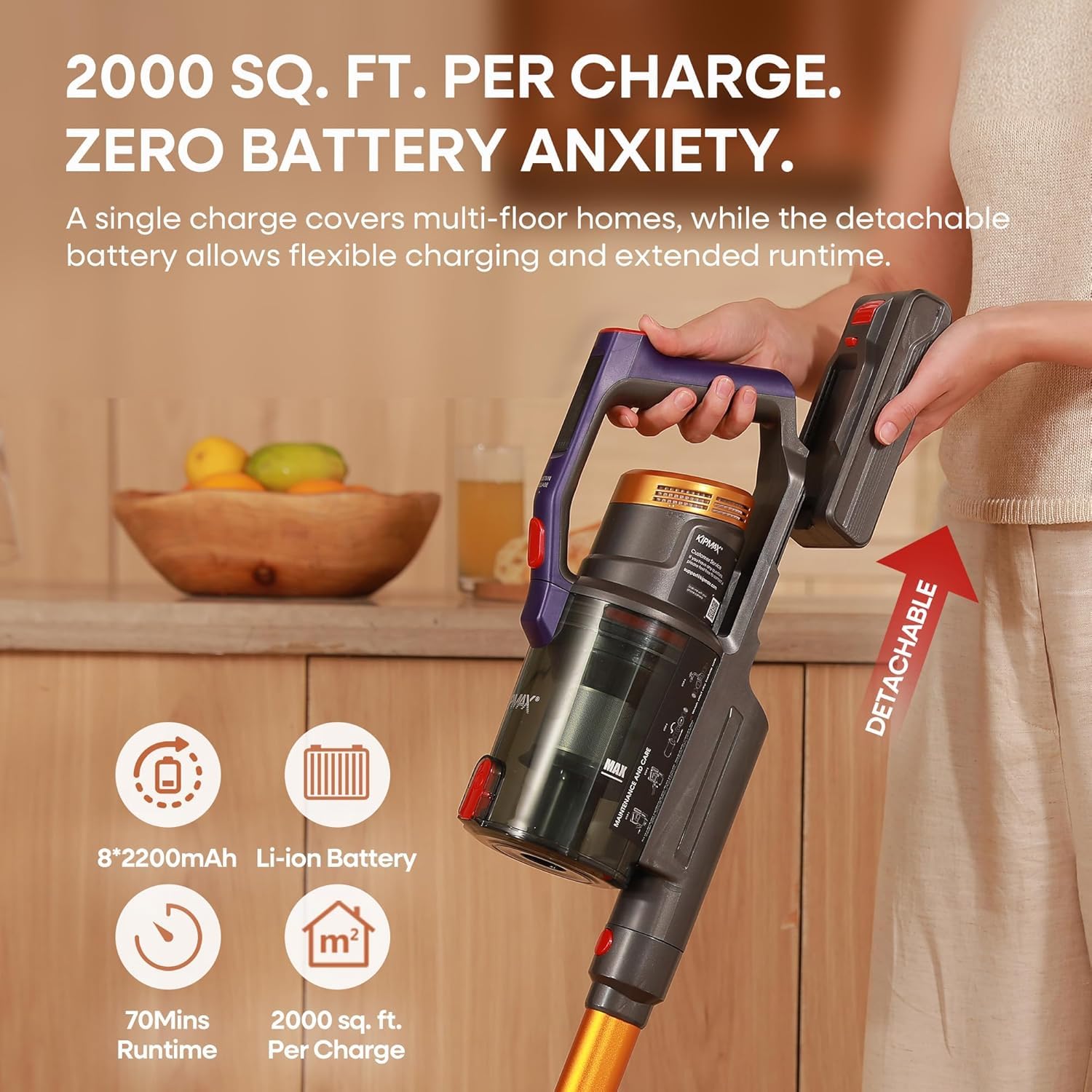 KIPMAX Cordless Vacuum Cleaner, 50KPa 550W Stick Vacuum for Home, 70Mins Anti-Tangled Vacuum Cleaner