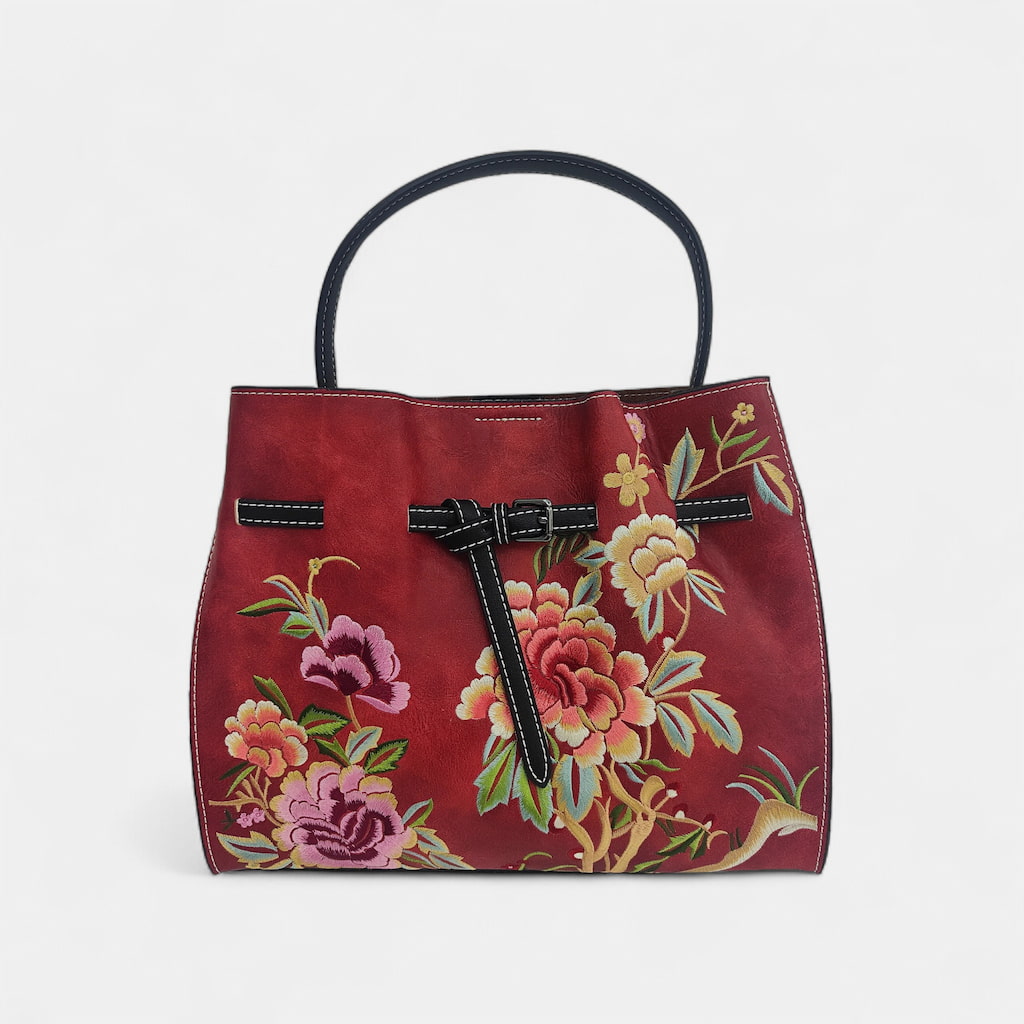Unique Designer Floral Handbag for Women | Chinese Embroidery Peony Tote Bag (Red PU Leather)