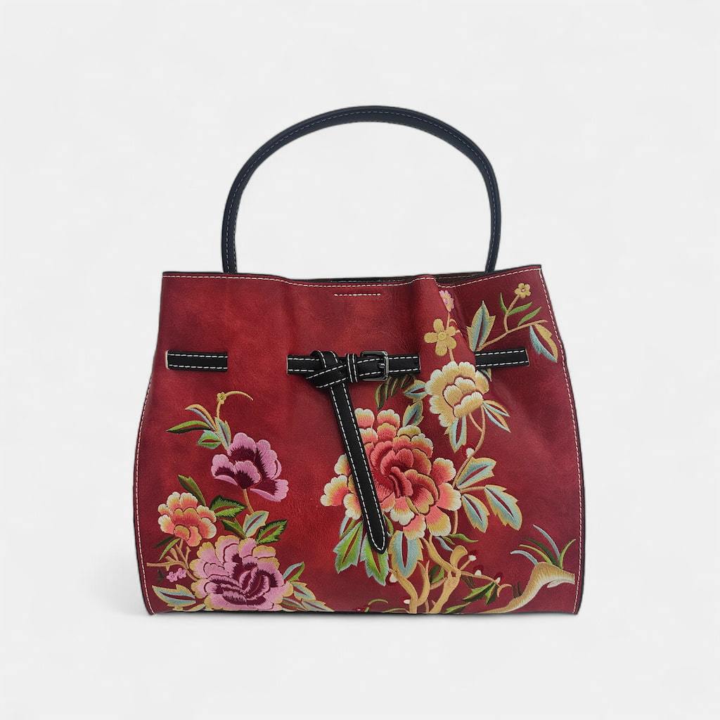 Unique Designer Floral Handbag for Women | Chinese Embroidery Peony Tote Bag (Red PU Leather)