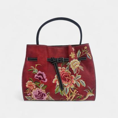 Unique Designer Floral Handbag for Women | Chinese Embroidery Peony Tote Bag (Red PU Leather)