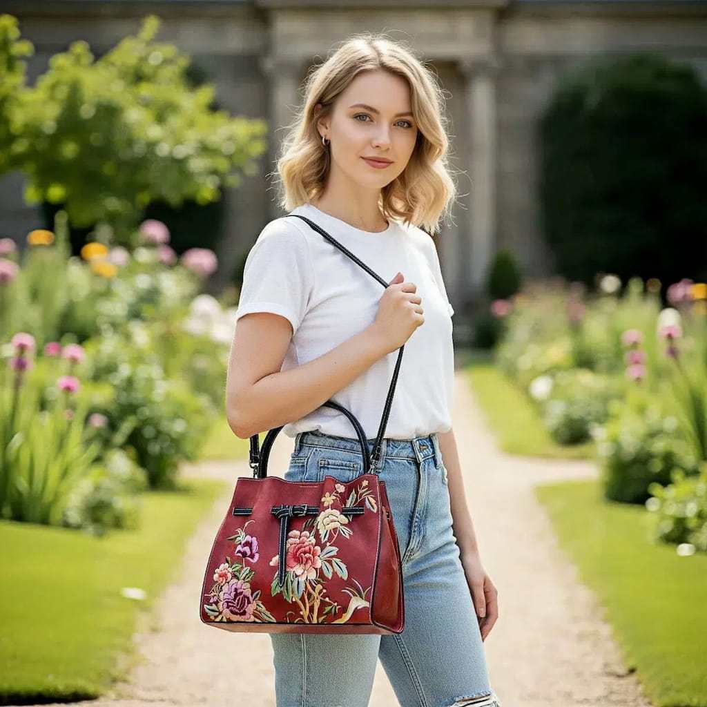 Unique Designer Floral Handbag for Women | Chinese Embroidery Peony Tote Bag (Red PU Leather)