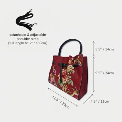 Unique Designer Floral Handbag for Women | Chinese Embroidery Peony Tote Bag (Red PU Leather)