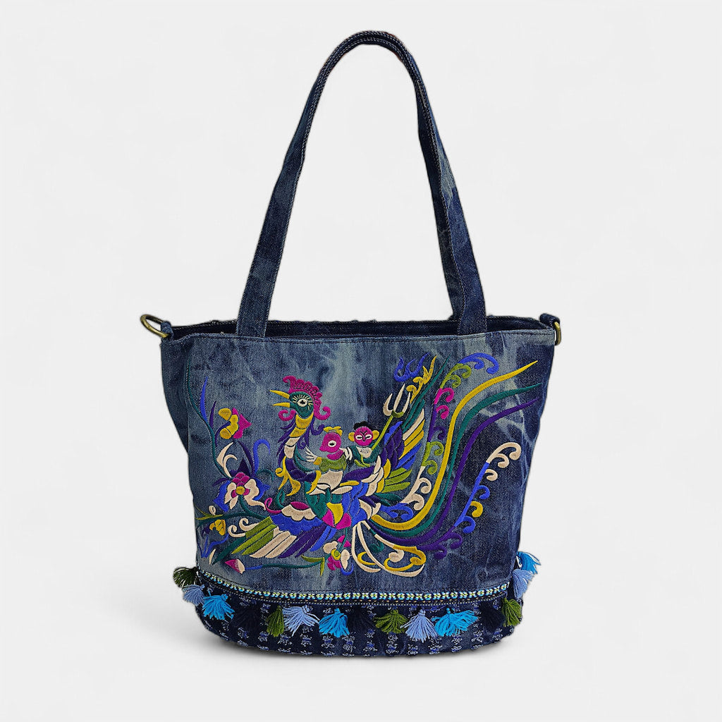 Auspicious Bird Vintage Embroidered Tie Dye Denim Tote Bag