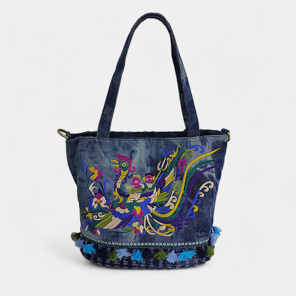 Auspicious Bird Vintage Embroidered Tie Dye Denim Tote Bag