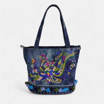 Auspicious Bird Vintage Embroidered Tie Dye Denim Tote Bag